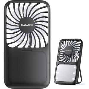 image:imageGaiatop Portable Handheld Fan 3 Speed LED Makeup Mirror with Light Folding Stand for Desktop Rechargeable Mini Personal Fans Small Travel Essentials Gifts for Women GirlsBlack
