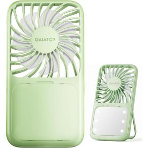 image:imageGaiatop Portable Handheld Fan 3 Speed LED Makeup Mirror with Light Folding Stand for Desktop Rechargeable Mini Personal Fans Small Travel Essentials Gifts for Women GirlsGreen