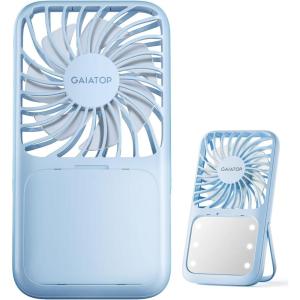 image:imageGaiatop Portable Handheld Fan 3 Speed LED Makeup Mirror with Light Folding Stand for Desktop Rechargeable Mini Personal Fans Small Travel Essentials Gifts for Women GirlsBlue