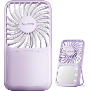 image:imageGaiatop Portable Handheld Fan 3 Speed LED Makeup Mirror with Light Folding Stand for Desktop Rechargeable Mini Personal Fans Small Travel Essentials Gifts for Women GirlsPurple