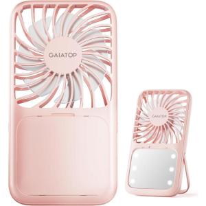 image:imageGaiatop Portable Handheld Fan 3 Speed LED Makeup Mirror with Light Folding Stand for Desktop Rechargeable Mini Personal Fans Small Travel Essentials Gifts for Women GirlsPink